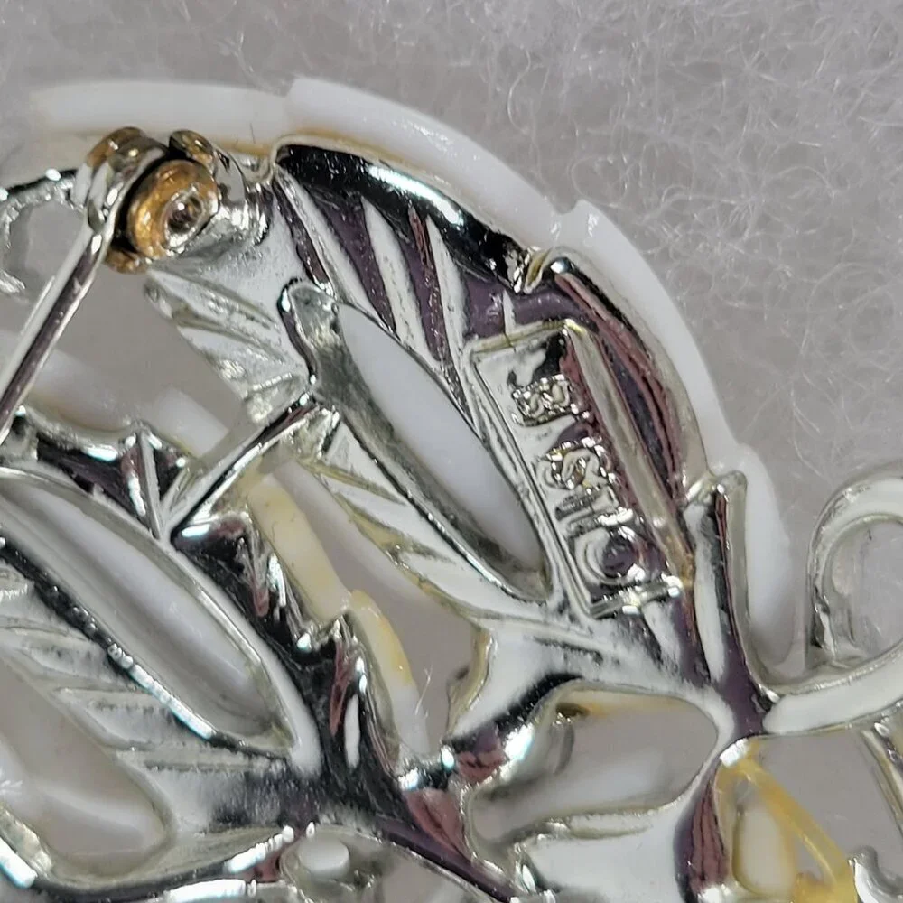Vintage Classic Elegant Sophisticated White Enamel Rhinestones Leaf Brooch Pin
